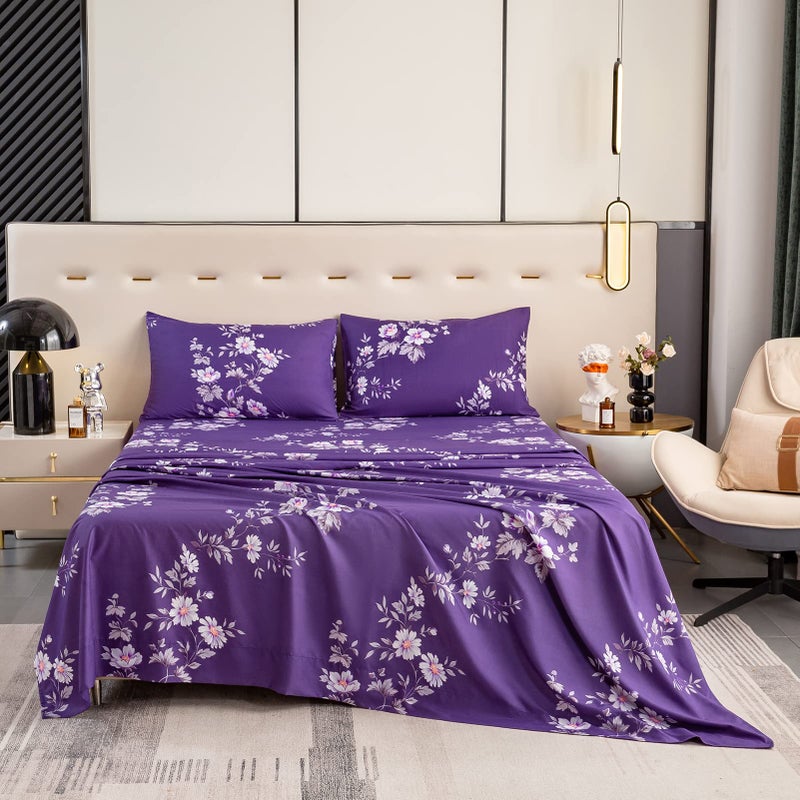 Bedlifes Full Sheet Set Ultra Soft, Breathable, Silky Flower Deep Pocket 100% Microfiber Bedding, 4 Piece Full Size Dark Purple Floral - Image 1